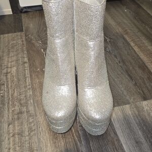 Silver Rhinestone Platform Ankle Boots - Women's